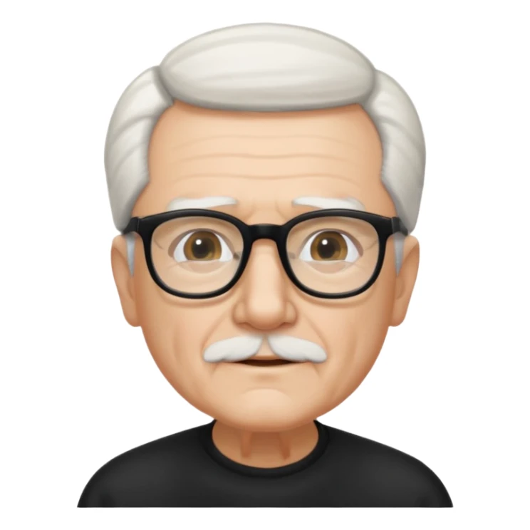 An elderly man with neatly combed white hair swept back and wears black rectangular glasses sticker