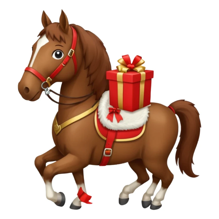 a New Year's horse with a red saddle, which has a red gift box with a white bow on the saddle sticker