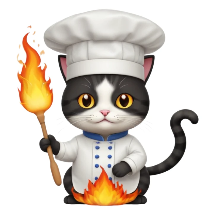 black chef cat wearing a tall white chef hat, burning hat sticker