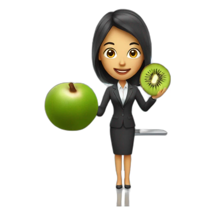 a woman in a suite, holding a kiwi, while giving a presentation sticker