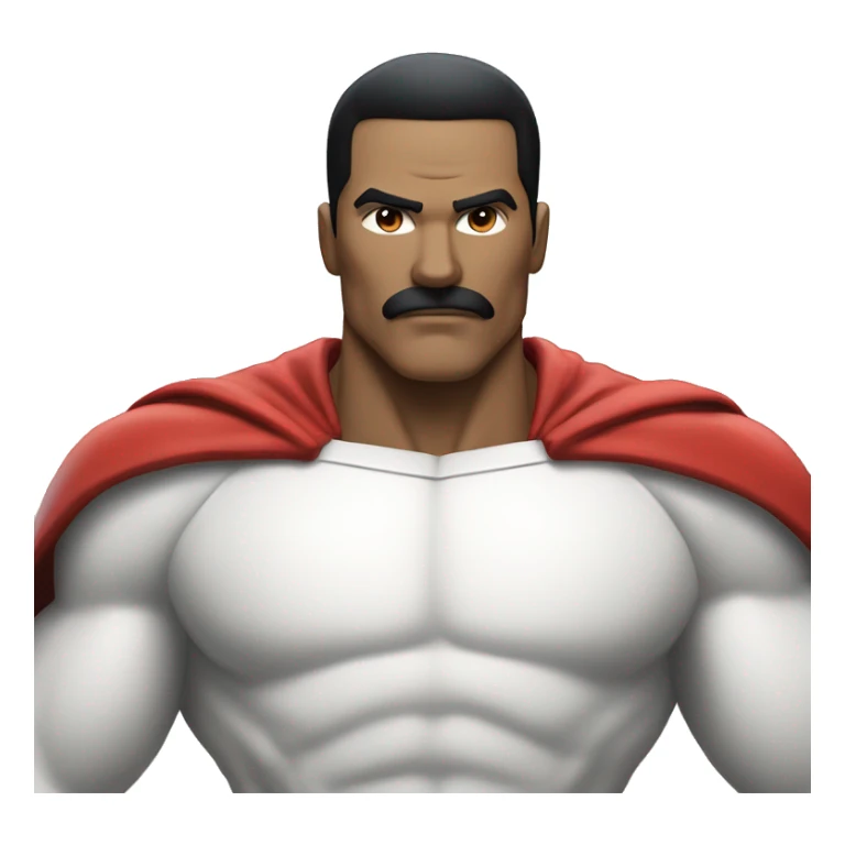  Omni-Man from Invincible. Focus on a strong, muscular figure with a prominent mustache and short black hair. He should be wearing a white suit with red accents—red gloves, boots, and a red cape—along with a bold 'O' symbol on his chest. sticker