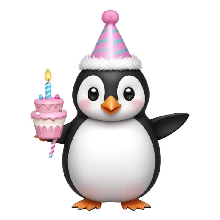 cute penguin with birthday hat hold a birthday pink cake in arms sticker
