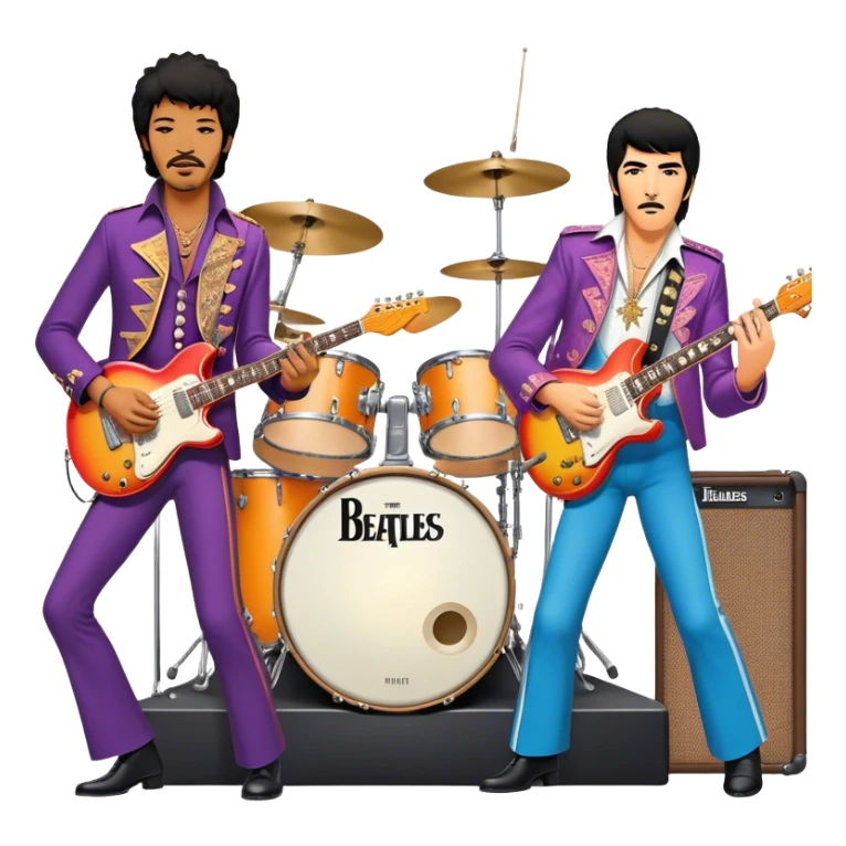 Rock music icon: vibrant stage with electric guitars, drums, and amplifiers. Collage of rock legends—The Beatles, Jimi Hendrix, and Elvis Presley—capturing the rebellious spirit and timeless energy of rock music. Transparent background. sticker