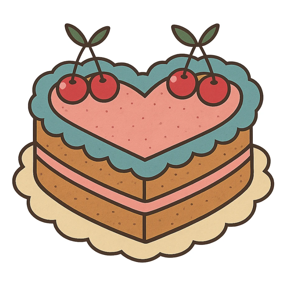 flat toon heart-shaped vintage-style cake with cherries sticker