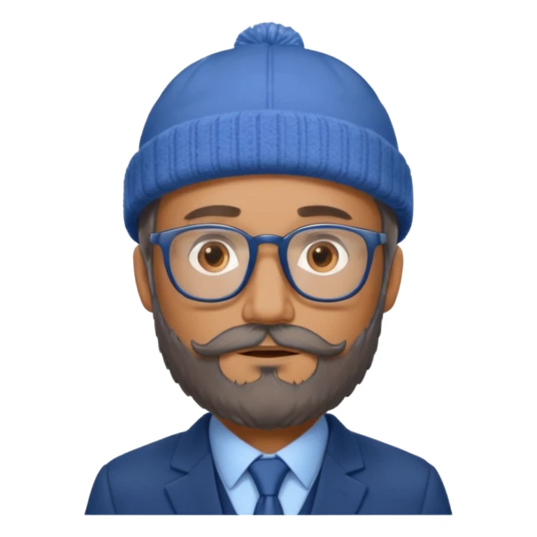 Create a figure that reflects an experienced entrepenurr but who has professional and elegant clothing, blue winter cap, grey glasses, brown eyes and an unkempt beard  sticker