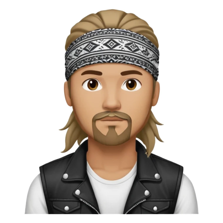 Guy wearing black and white patterned bandana as a headband with goatee and long hair atop his head in ponytail, wearing white tshirt with black biker vest sticker