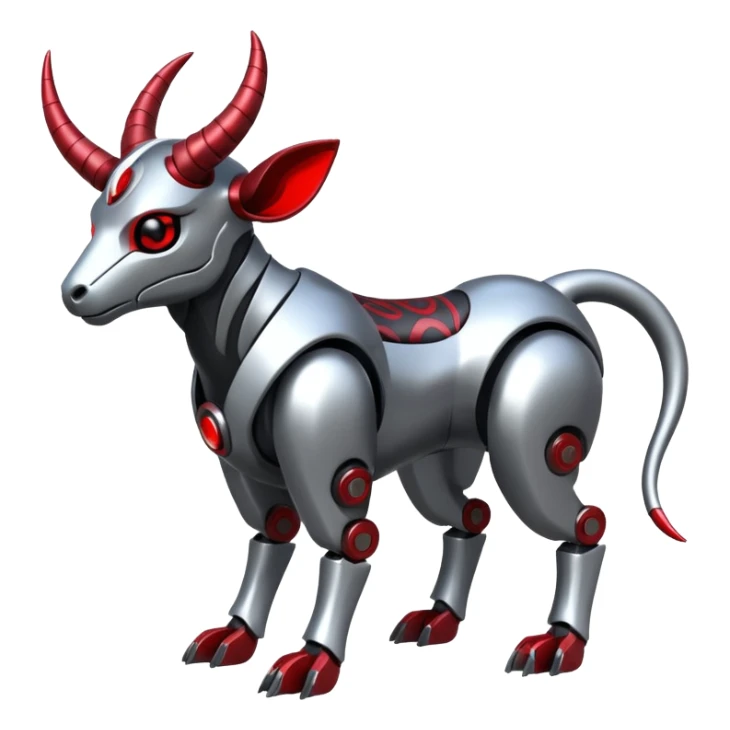 Futuristic mechanical cyborg horned modern badass cool shiny metallic alloy silver-grey black crimson-red white animal hybrid Fakemon full body with intricate patterns sticker
