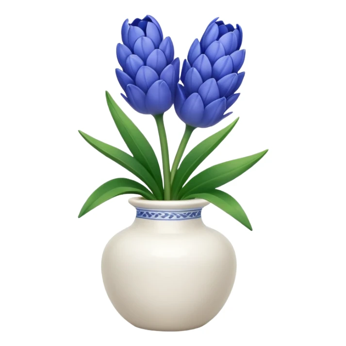 A small white vase holding a single blue hyacinth flower with green leaves. sticker