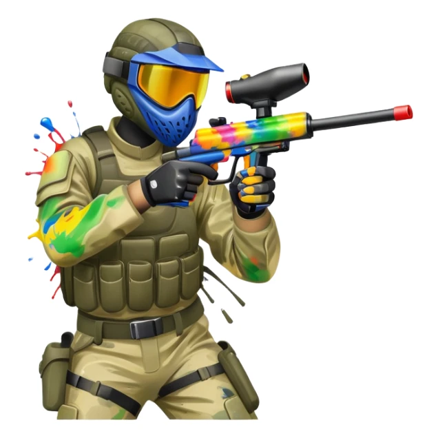 A paintball player in full gear, aiming a paintball gun with focus and determination. The scene includes vibrant splashes of paint and a dynamic battlefield setting, emphasizing action, strategy, and teamwork in a competitive environment sticker