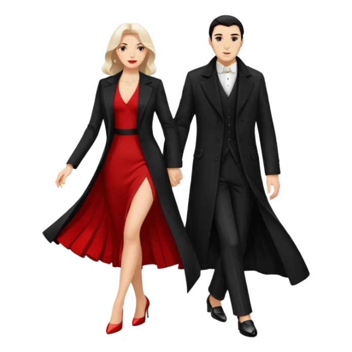 Ultra detailed realistic tango couple icon, black background, dramatic lighting, long black coat on man, white shirt and white shoes, red dress and white heels on woman, centered, minimal background, high contrast, 4K resolution, profile picture ready, sharp clean edges sticker