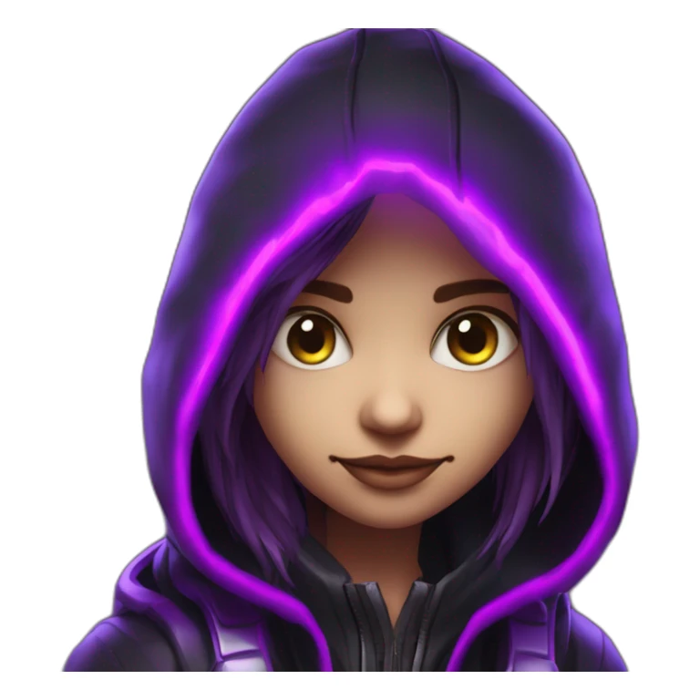 Girl developer behind his laptop with this style : Crytek Crysis Video game neon glowing bright purple character purlple black hooded hacker themed character sticker