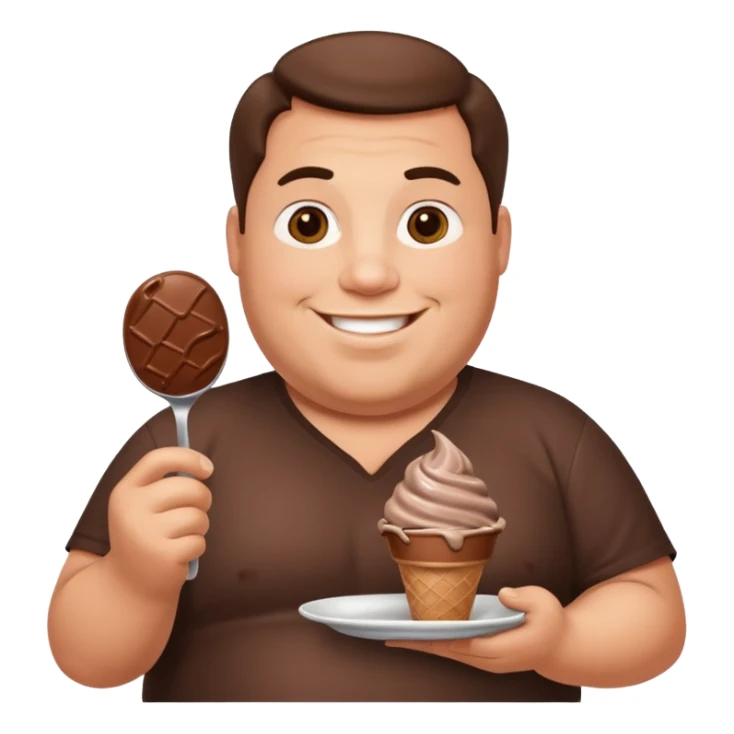 A fat man with a plate of chocolate ice cream sticker