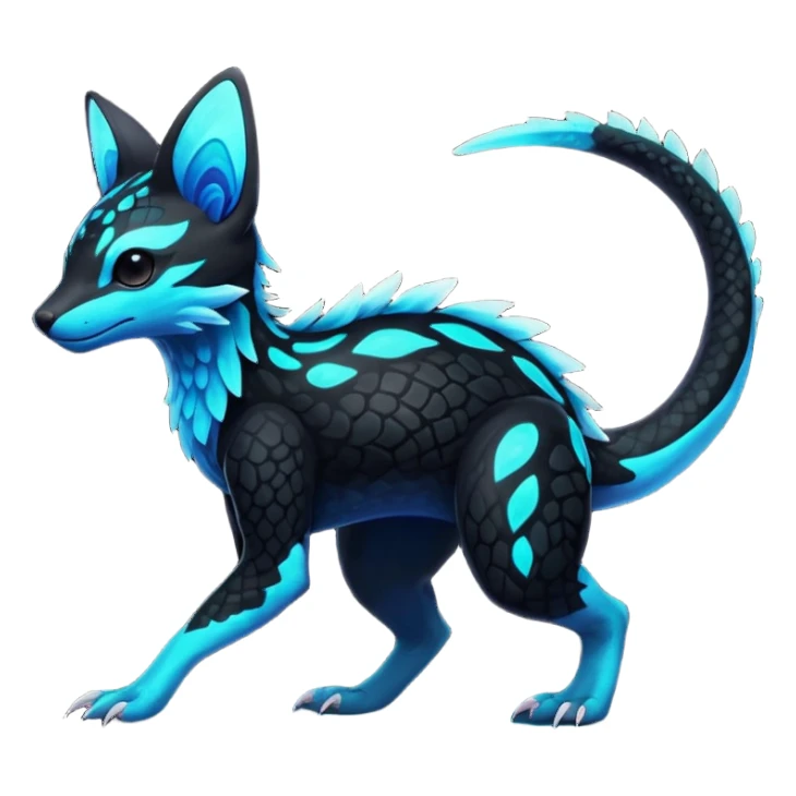 Rare realistic black-scaled neon-glowing bioluminescent edgy badass epic pretty beautiful handsome gorgeous aesthetic colorful vibrant Vernid-Trico-species-Fakemon-creature by LiLaiRa, 4 legs, 1 tail, random markings, (full body) sticker