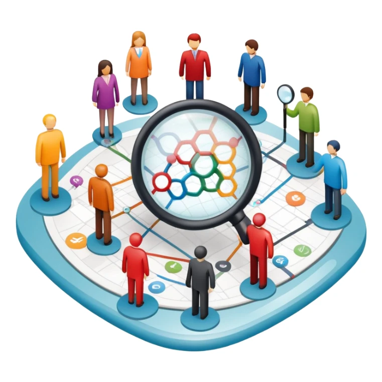 An icon featuring a group of diverse people, a social network diagram, and a magnifying glass, symbolizing sociology. The design includes charts and interconnected lines, representing the study of societies, relationships, and social behavior. Transparent background highlights social analysis. sticker