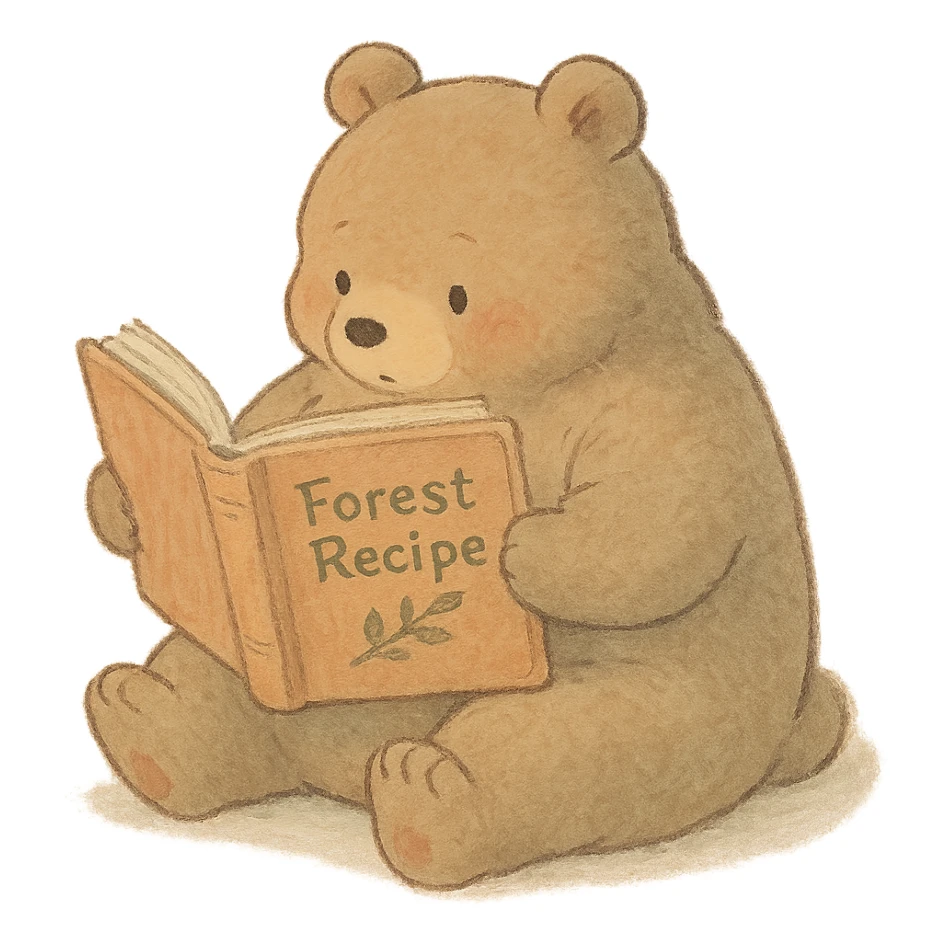 chubby bear reading a forest recipe book, muted warm tones, soft pastel Ghibli style sticker