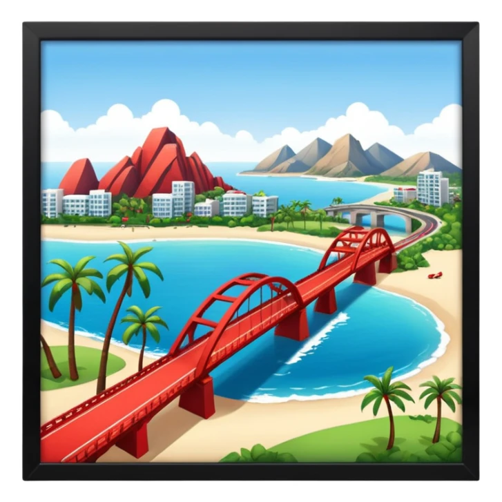 advanced modern island with advanced infrastructure, parks, contemporary architecture, beaches with palm trees, and with a red bridge on one side sticker