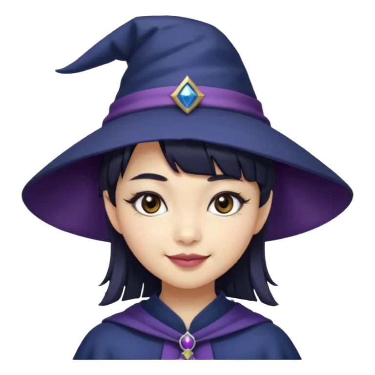 an asian short haired girl with short raven hair with bangs, with her silver left eye and dark brown right eye, with cat-eyed eyeliner, and grinning with her tiny fang of mauve toned lipstick, with dark navy wizard hat with an emblem on her hat. sticker