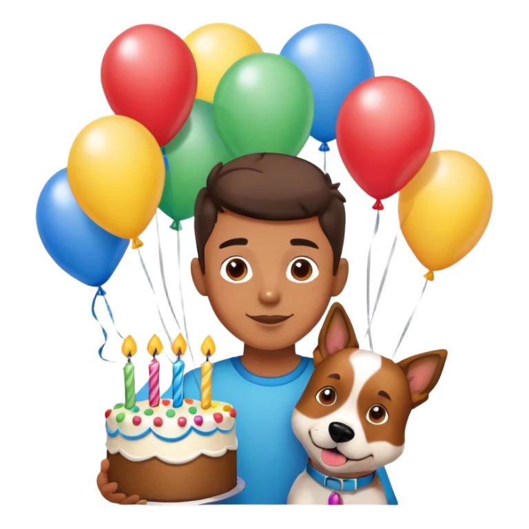 boy and his dog at party with balloons and cake sticker