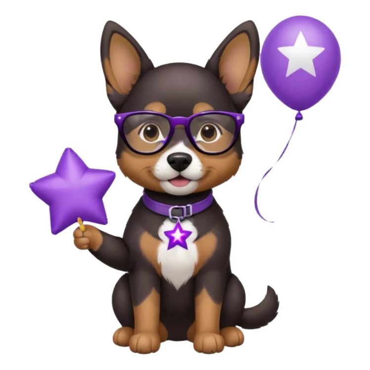 dog holding purple star balloon in hand with black glasses sticker