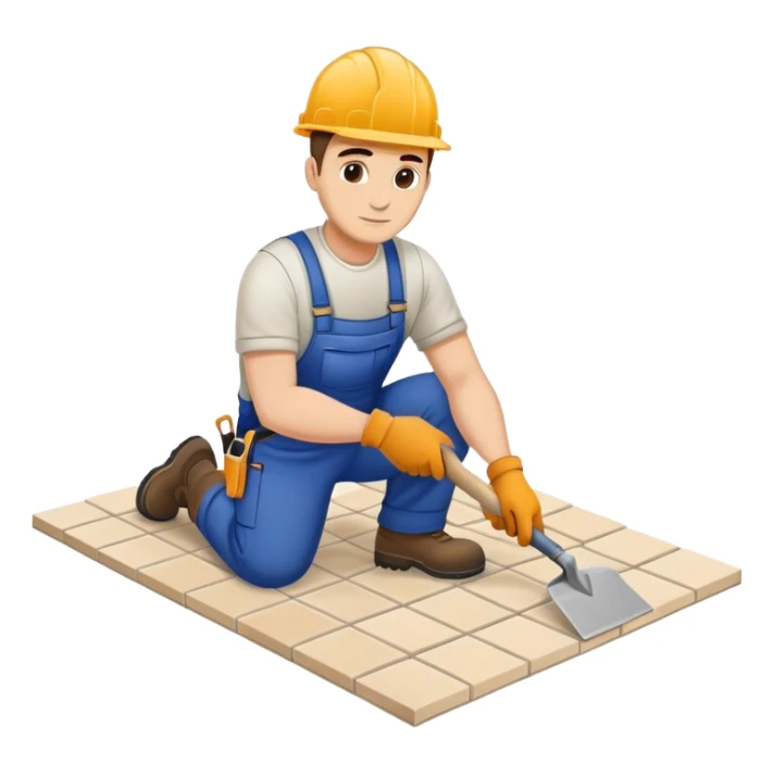 Moldovan builder laying floor tiles, construction worker with a trowel sticker