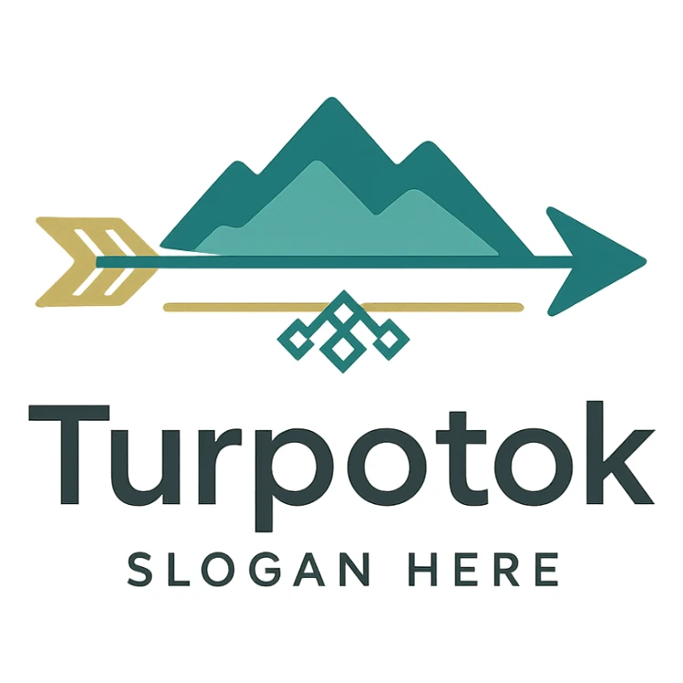 Modern minimalist logo for Turpotok with a stylized Kurai arrow, Ural Mountains silhouette, and subtle Bashkir ornamentation. Text 'Turpotok' in a modern sans-serif font with optional slogan. Color palette reflecting Bashkir culture and natural beauty sticker