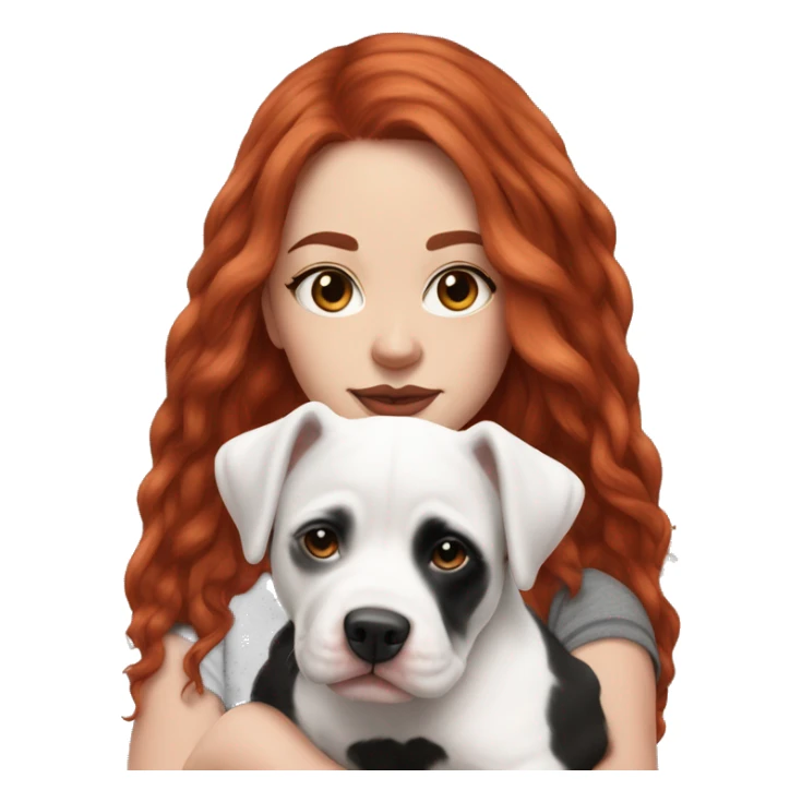 Long Red haired woman in beanie with septum piercing holding black and white English Staffordshire puppy sticker