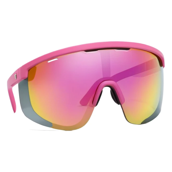 extremely thick chunky sporty pink shield visor sunglasses, ultra robust bulky frame, massive build, one-piece lens, maximum thickness sticker