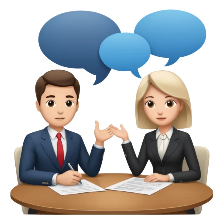 Two people sitting at a table with a large contract or paper between them and speech bubbles above, symbolizing negotiation and agreement signing. sticker