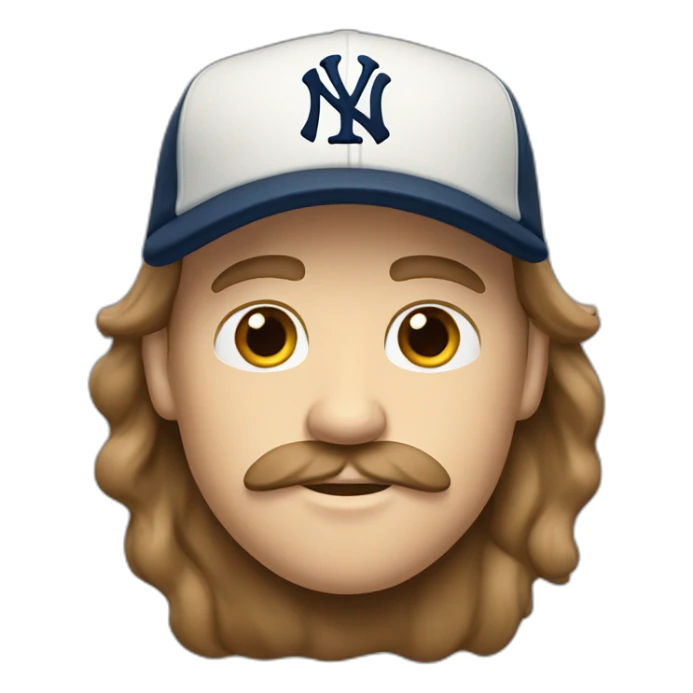 white man with long brown hair and ny baseball cap and mustache sticker