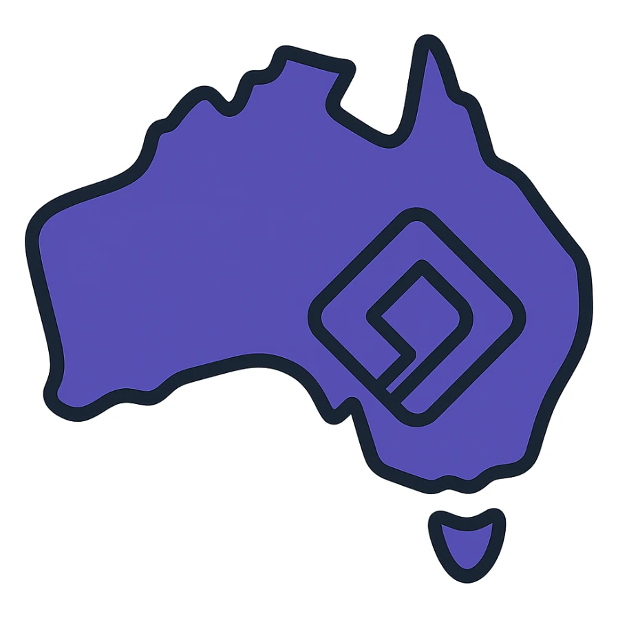 Map of Australia with the official Microsoft Power Pages icon overlay, no digital web overlay, use #403DAD as the main color, clean and modern, no text sticker