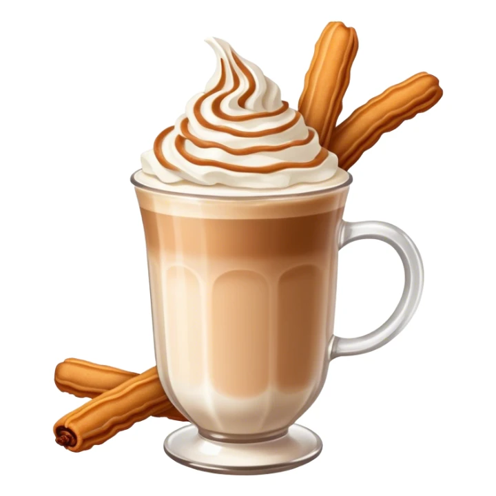 A creamy latte with whipped cream, cinnamon powder,and churros￼ sticker