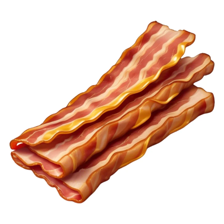 Cinematic crispy sizzling bacon, slightly curled, golden-brown with a perfect crunch, glistening with rich flavor, deep warm tones, served on a breakfast plate, comforting and indulgent. sticker