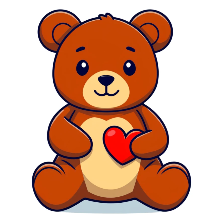 A sitting medium brown teddy bear, holding a red heart ￼ sticker
