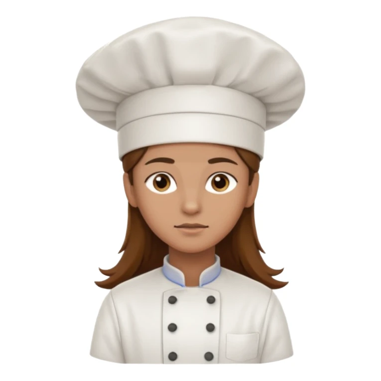 Long brown hair, serious, wearing chef uniform and chef hat sticker