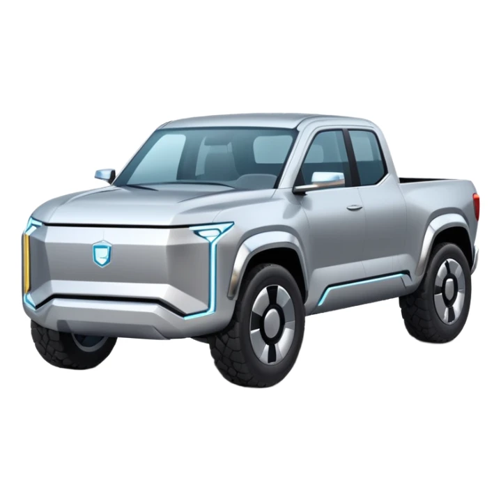 A futuristic electric pickup truck emoji, silver chrome body, angular cyber design, smooth metallic panels, subtle reflections, minimalistic proportions, iOS emoji style, centered composition, clean white background, soft lighting sticker