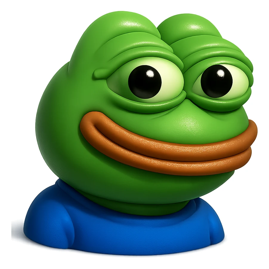 make a pepe in bright green smiling and looking straight at the camera in 3d style, good highlights and shadows, drop shadows sticker