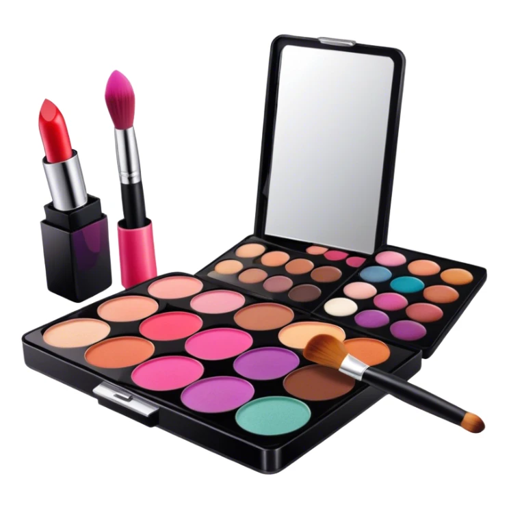 A photorealistic icon featuring makeup brushes, lipstick, eyeshadow palette, and a compact mirror with a completed makeup look. Bright, detailed design with realistic textures and lighting. Transparent background, clearly symbolizing makeup and beauty. sticker