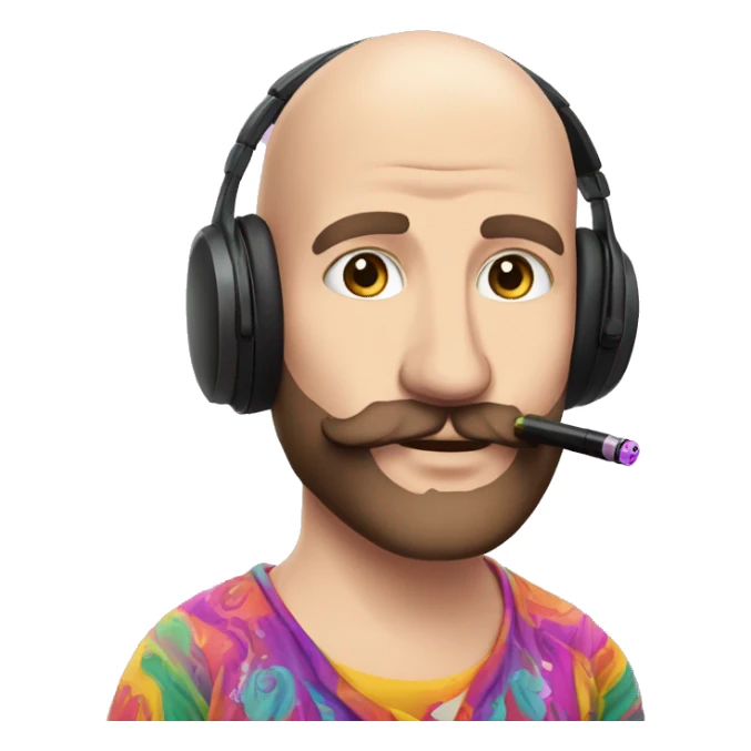 Bald white guy with short black beard and mustache wearing  gaming headphones and a psychedelic shirt with a unicorn on it and smoking a pipe sticker