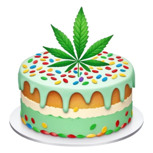 Colorful confetti cake with mint leaves and a cannabis leaf decoration on top sticker
