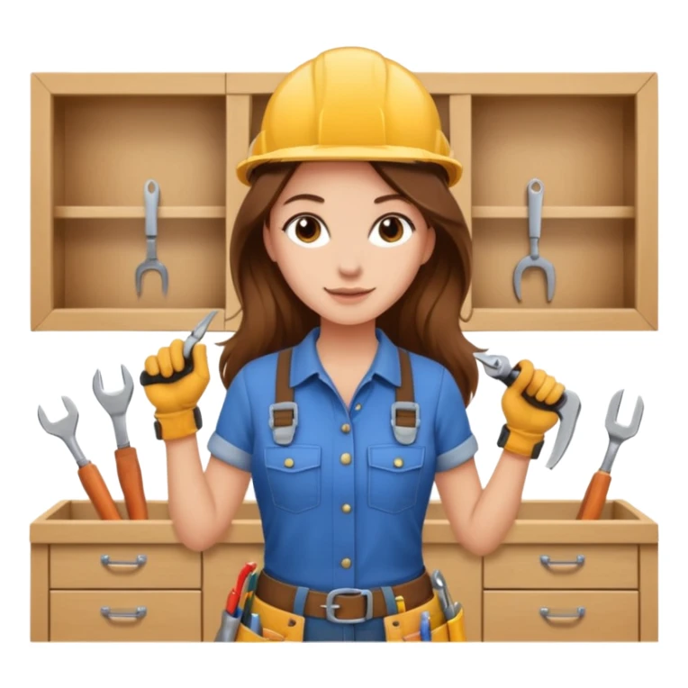beautiful girl with long brown hair constructing new kitchen cabinets sticker