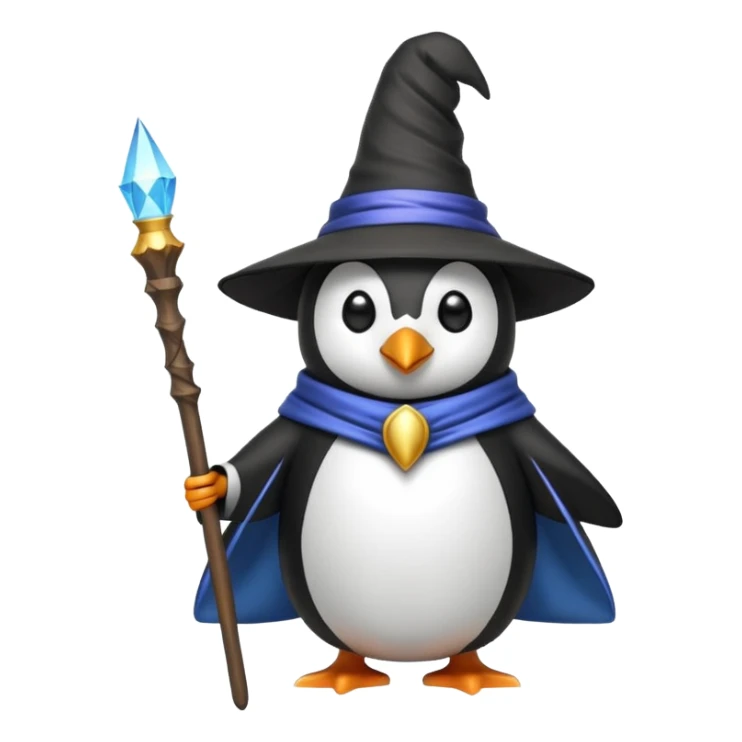 penguin dressed as a wizard with a pointy hat and magic staff, fun emoji style sticker