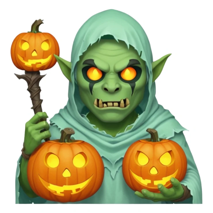 male orc warrior ghost emoji, green skin, tusks, wearing torn white ghost sheet costume, holding glowing jack-o'-lantern, faint blue aura, friendly but spooky expression, Halloween fantasy theme, Apple emoji style, clean white background, square sticker