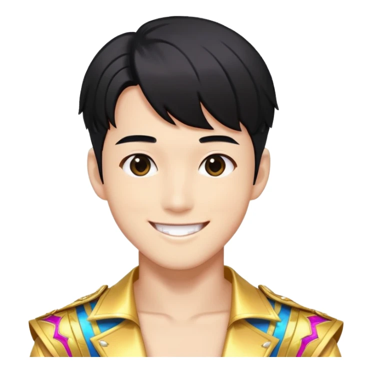 K-pop male idol with black hair, smiling face, wearing flashy stage costume sticker