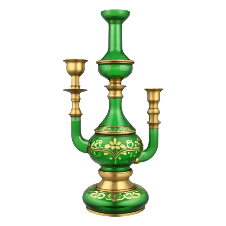 Brass hookah with green design on a glass water base on the top; with two pipes from the side all pouting on top sticker