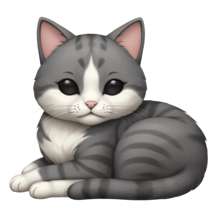 dark grey and white small cat with his eyes closed, leaning his head on his paw while leaning on his elbow lying down sticker