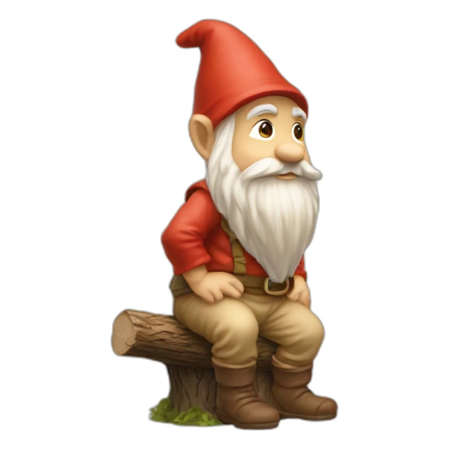 side view of gnome with light tan pants squatting on top of tiny brown log sticker