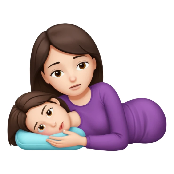 A brunette girl, with a pain face, lying on her side suffering from menstrual cramps, has a hot water bottle on her stomach. sticker