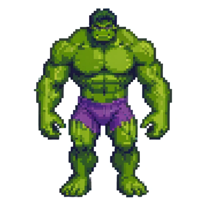 Hulk standing in a Japanese city, pixel art style sticker
