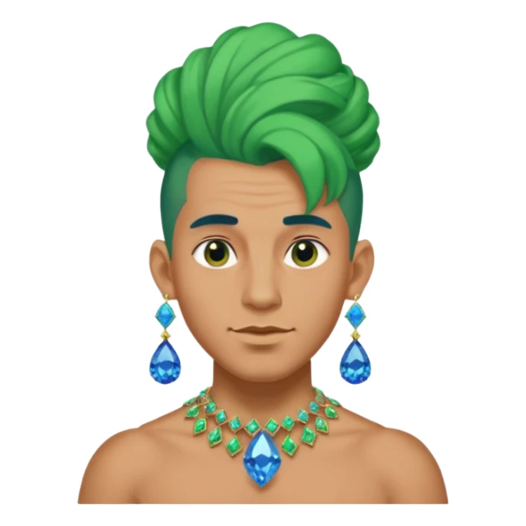 gem lover man with gem accessories excessive amount very big gem earrings green bun hair and blue diamonds  sticker