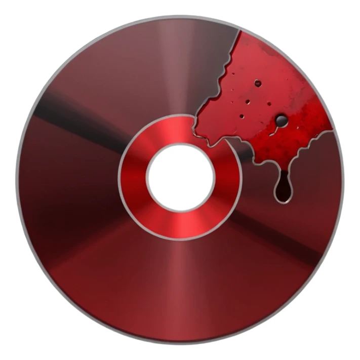 Minimalist emoji-style sticker of a single CD with a sharp crack and a dried blood spot. View from above, black, gray, and muted red.
 sticker
